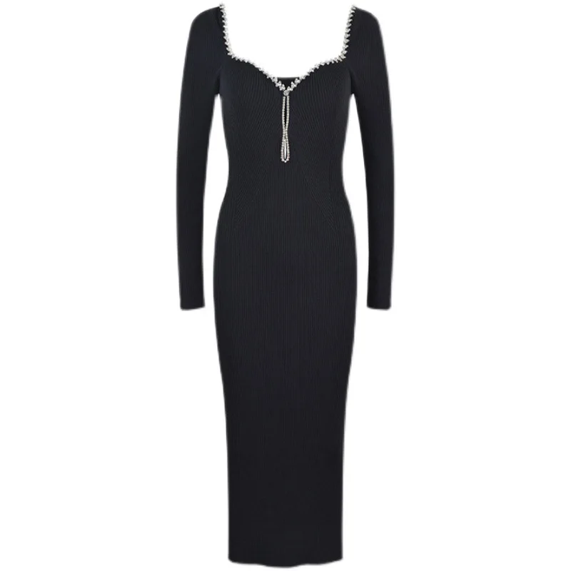 

Fine Workmanship Rhinestone Sexy V Neckline Low Back Long Sleeve Lady Spring Stitching Slim Fitted Women Midi Dress