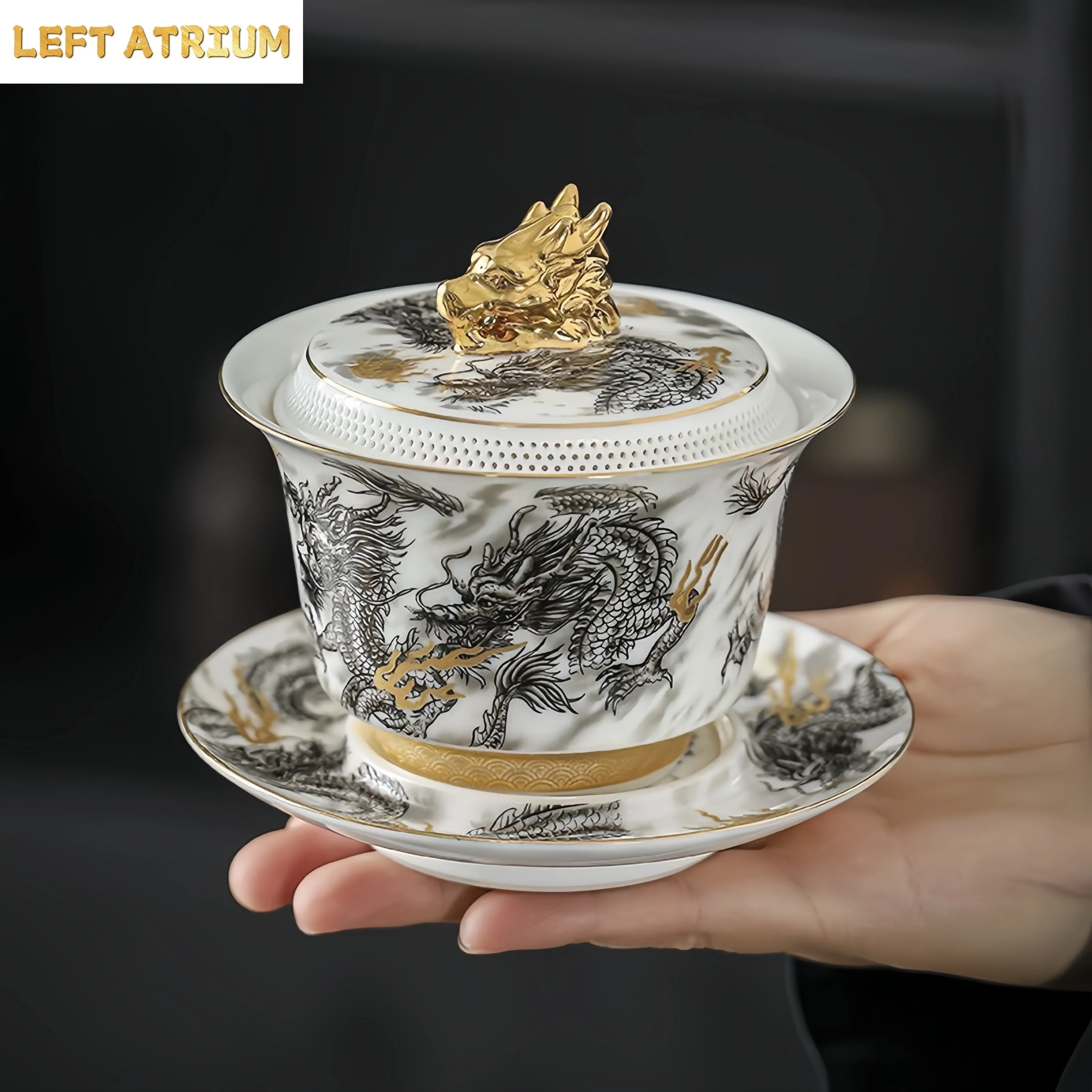Chinese Dark Dragon White Sheep Fat Jade Porcelain Gaiwan 360° Water Outlet Gold Painted High-end Retro Tea Bowl
