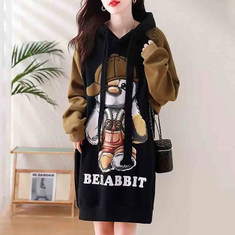 Winter Frauen Kleidung übergroße Cartoon Fleece Kleid neue Kapuze Kordel zug verdicken warme weibliche lässige Midi Langarm Kleider