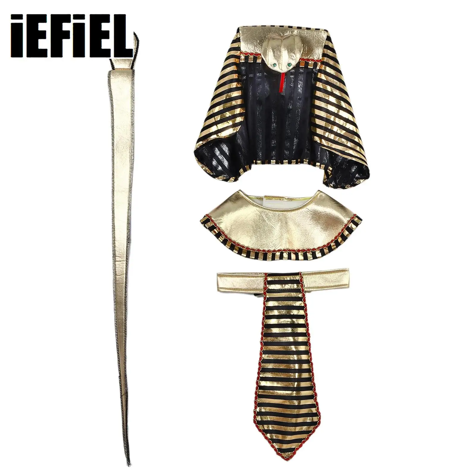 4Pc Teen Cosplay Egyptian Costume Accessory Set Egyptian Headpiece Belt Neckwear And False Snake for Halloween Role Play Cosplay