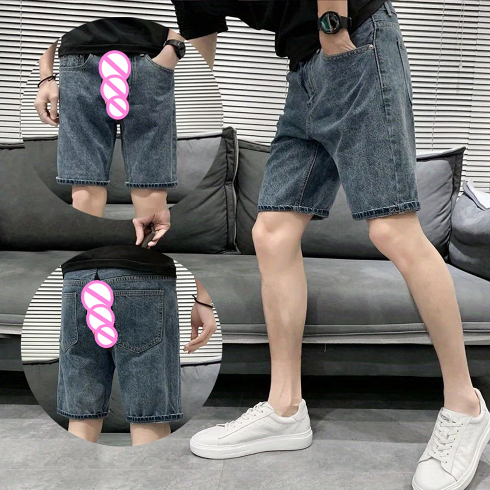 Invisible Open Crotch Outdoor Sex Fashion Trend Men's Jean Shorts Summer Casual Jeans Non Elastic Eroticism Five Points Pants