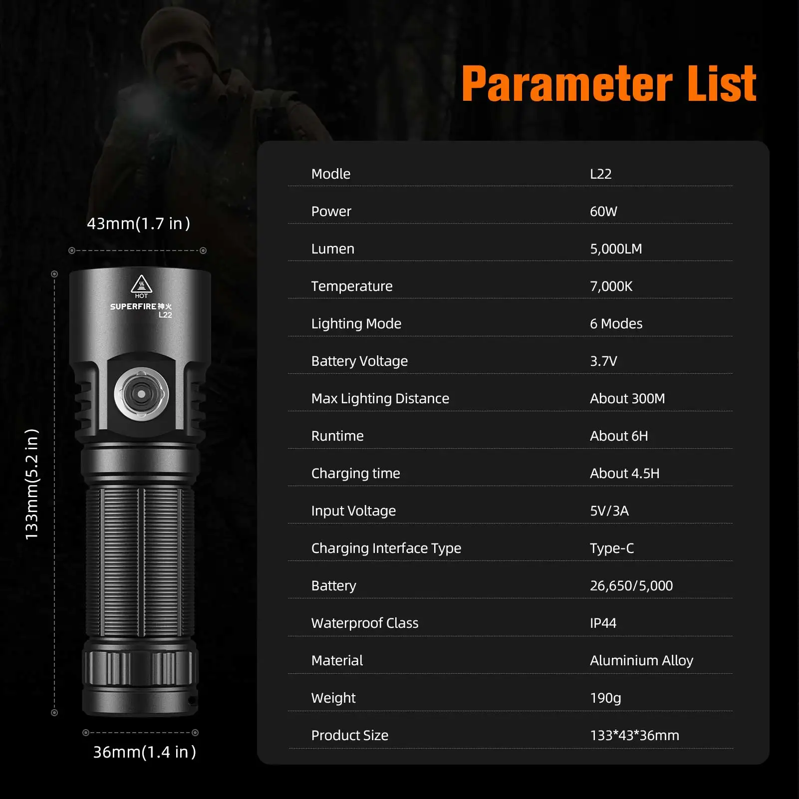 SUPERFIRE L22 linterna led de alta potencia 60W antorcha edc portátil 5000mAh lámpara recargable tipo C con 3 cuentas de lámpara linterna