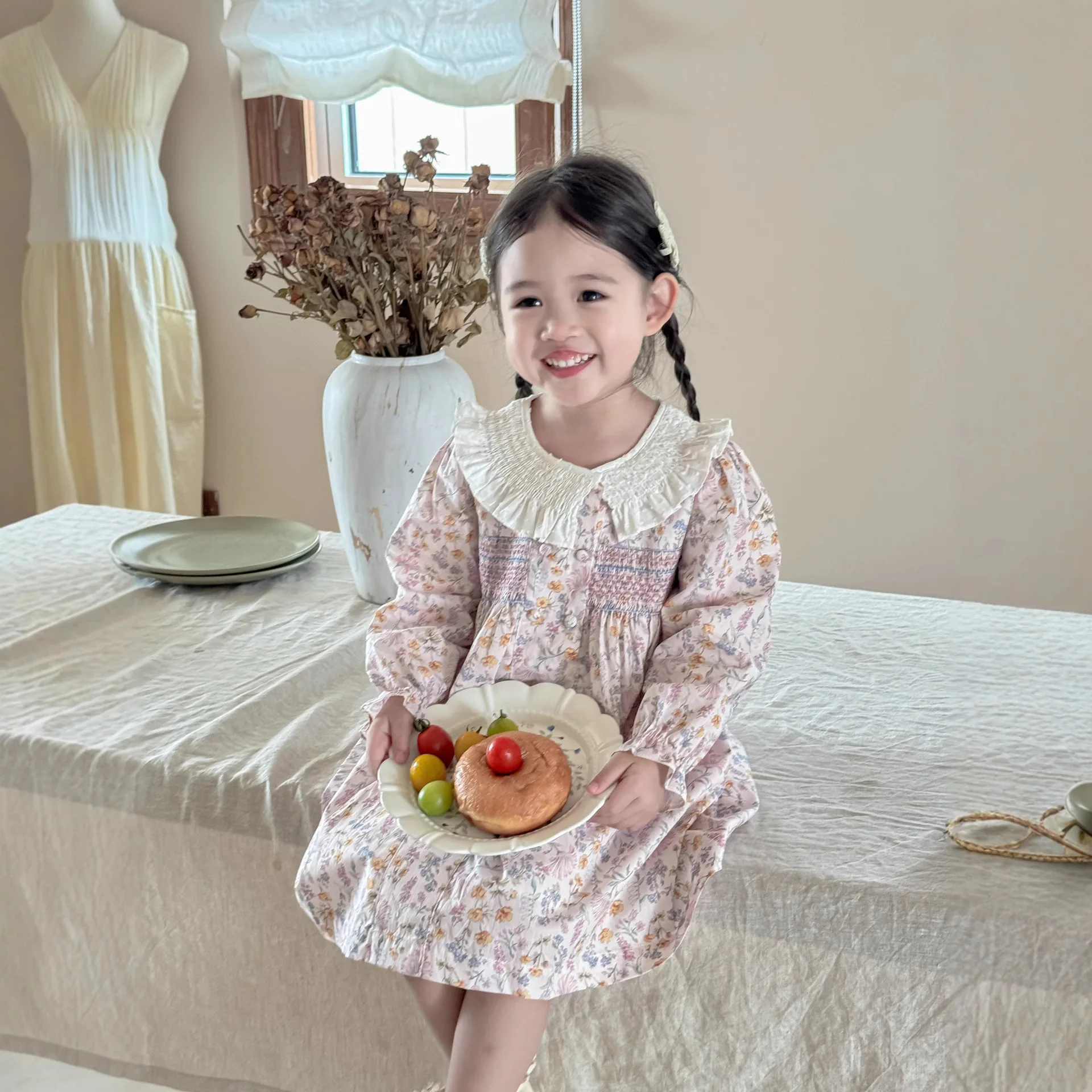 2025 Spring Autumn New Girls Pulling Dress Pink Elegant Flower Printed Girls Dress Lotus Leaf Collar Dress