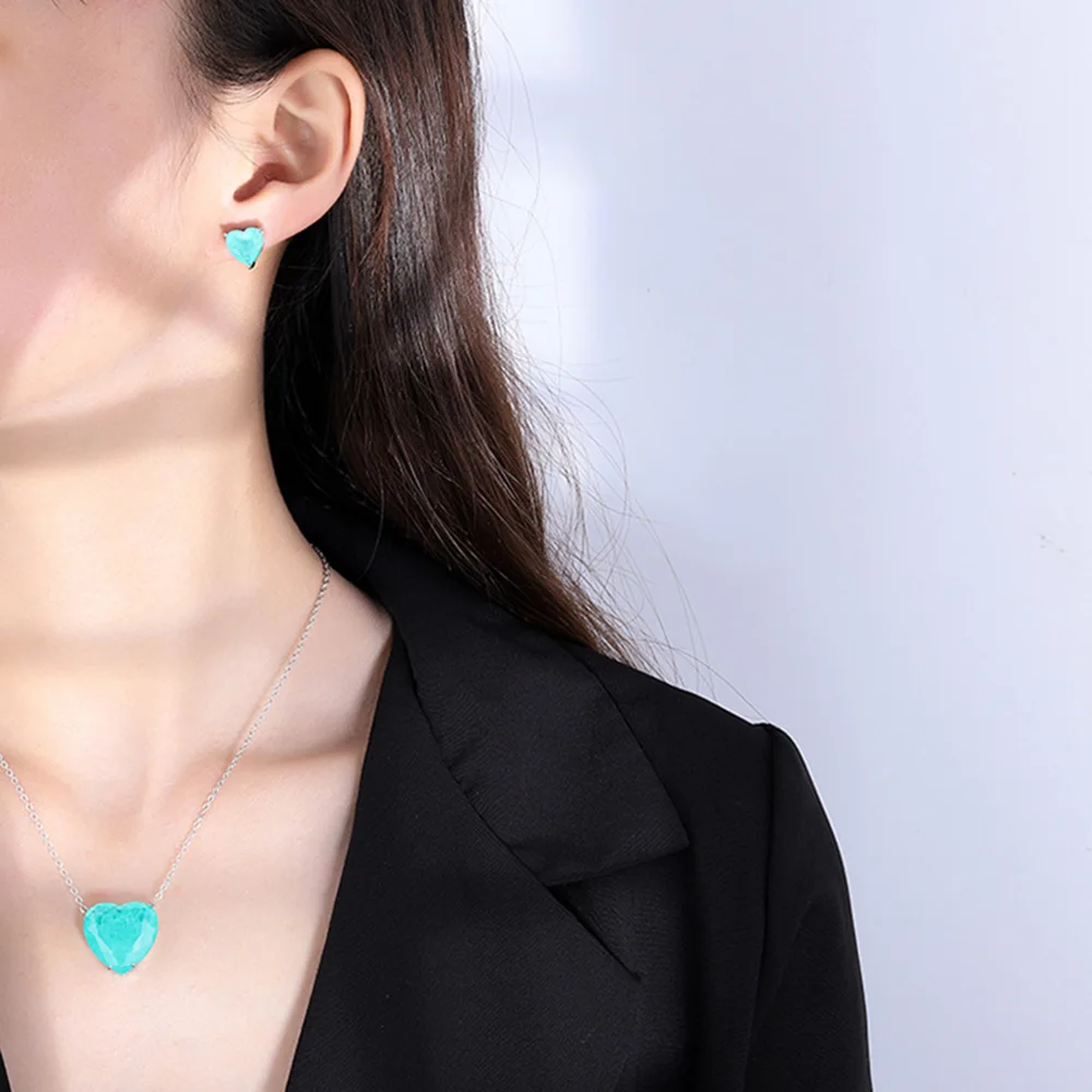 925 Sterling Silver Paraiba Emerald Simple Heart Necklace Earrings for Women Girls Vintage Tourmaline Gemstone Part Jewelry Set