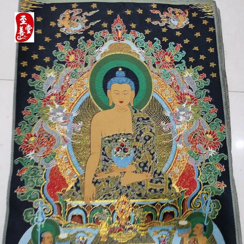 Tibet Tibetan Cloth Silk Double dragon shakyamuni buddha Thangka Tangka Embroidery Painting Embroidery Hanging Pictures