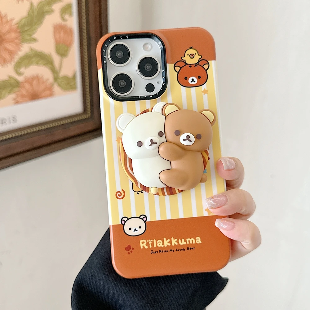 

3D Cute Cartoon Rilakkuma Bear Magnetic Grip Holder Magsafe Wireless Charge Phone Case For iPhone 17 16 15 14 13 Pro Max Cover