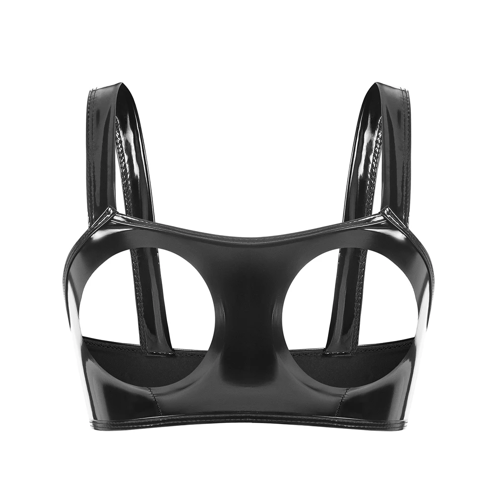Neue Wet-Look PVC Crop Tops Glänzendes PU-Leder Ausgeschnittenes Bustier Tank Top Eng Anliegende Sexy Cropped Clubwear Croptop Camis Weste – Detail 3
