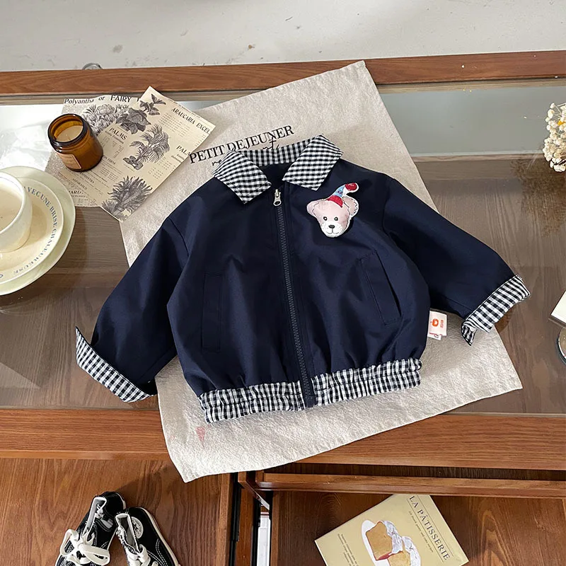 

Toddler Boy Autumn Coats 3D Cartoon Bear Patchwork Baby Boys Jacket Turn Down Collar Zipper Long Sleeves Kids Baby Boy Outerwear