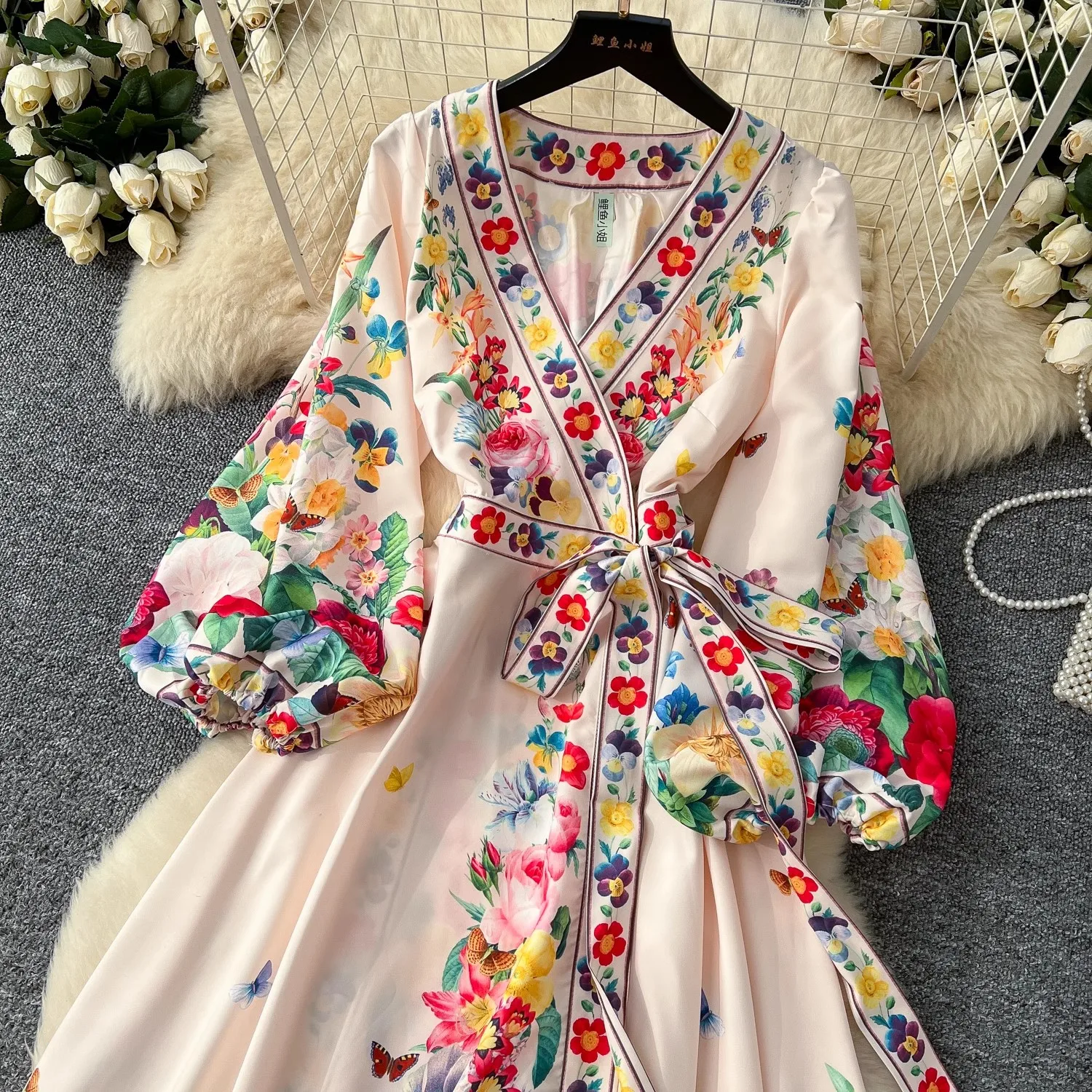 Autumn Retro Bohemian Flower Dress Holiday Cross V Neck Lantern Sleeve Vintage Print Bandage Lace Up Robe Vestidos Maxi Clothes