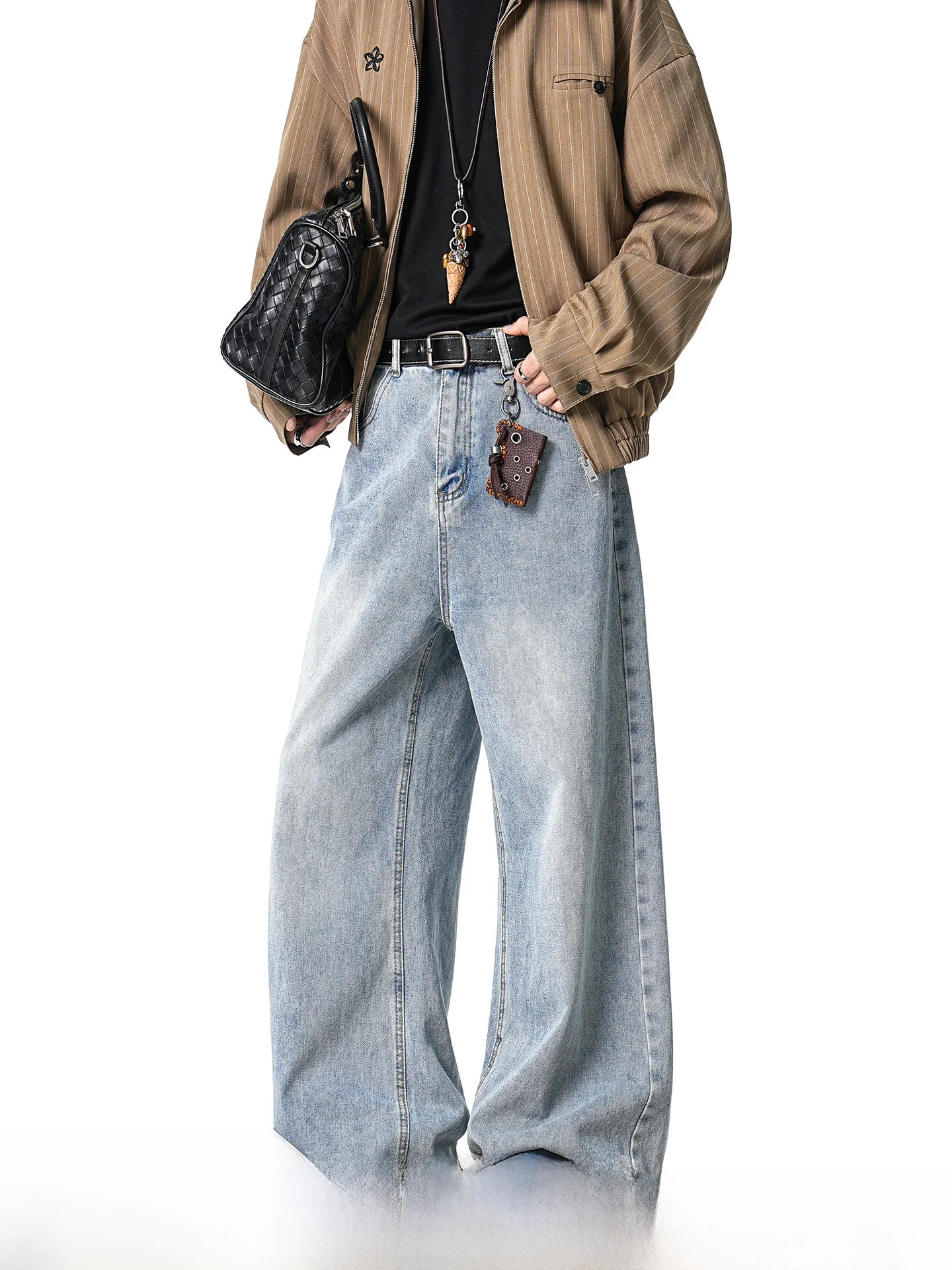 Light Blue Washed Straight Leg Men's Jeans Cleanfit Spring American Style Casual Cotton Polyester Blend Wear Resistant
