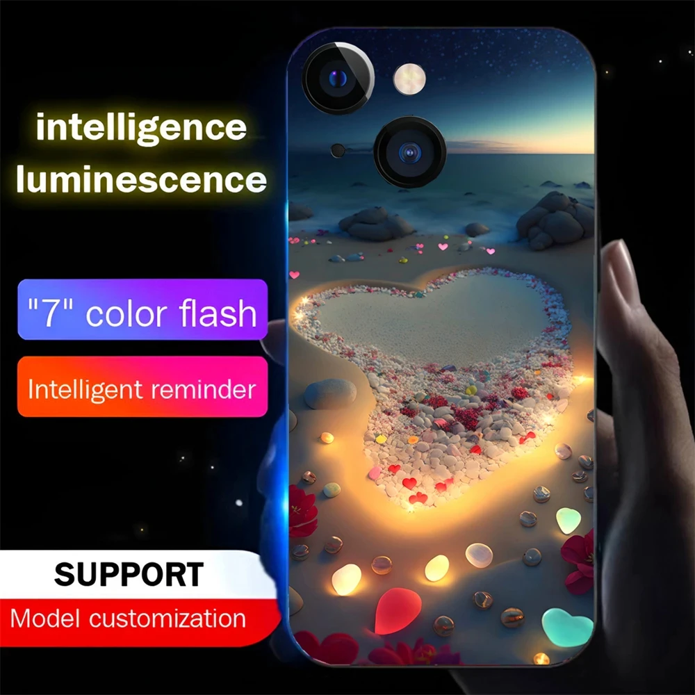 

Cute Love Beach Sound Music Control Led Light Phone Case Glowing Cover For iPhone 15 14 13 12 11 Pro Max XR XS Plus 6 7 8 SE2020