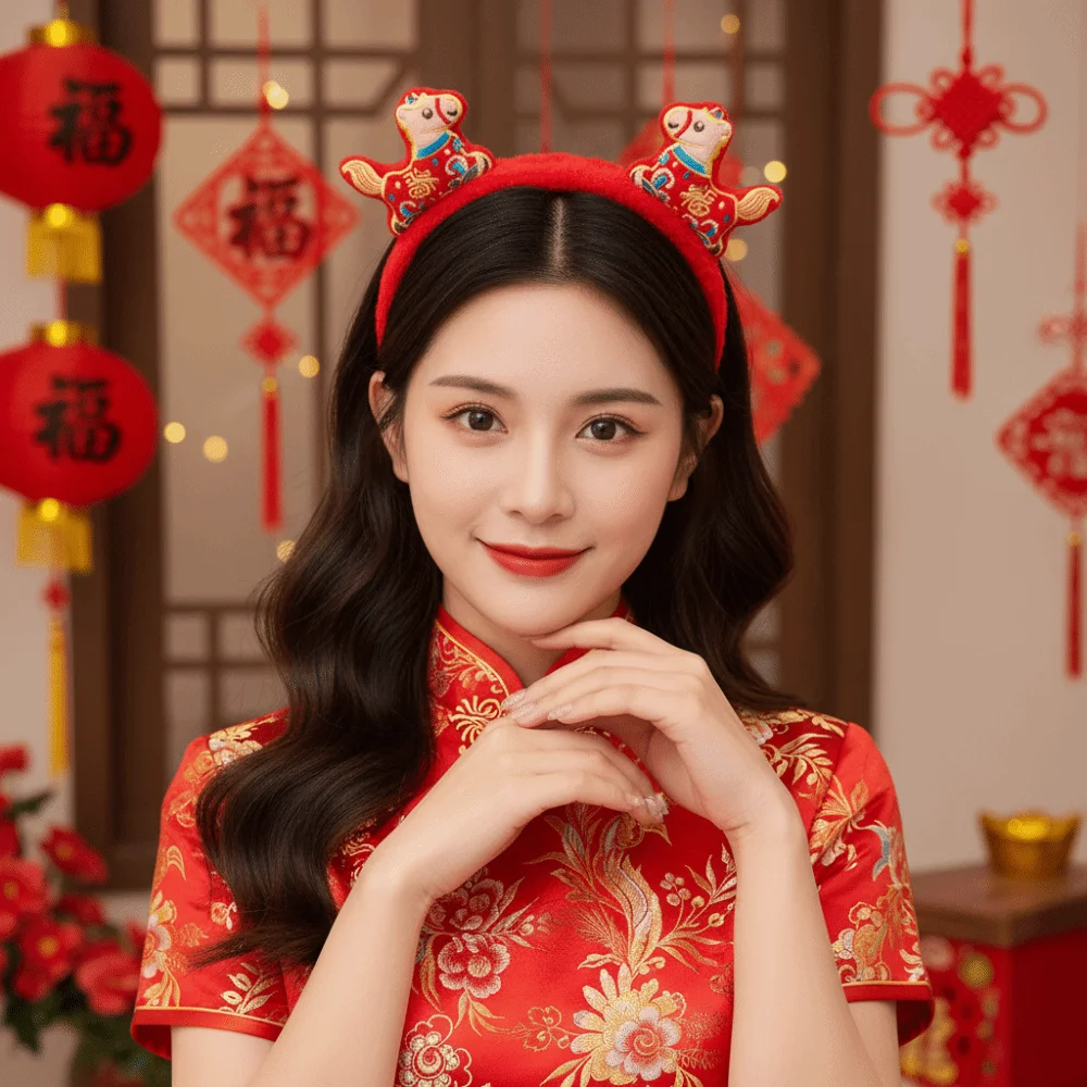 

Exquisite Cartoon Horse Hair Hoop Mascot New Year Headband Red Headwear New Year Headpiece Party Decoration