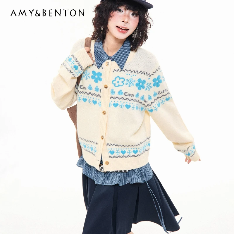 

American Retro Heart Jacquard Button Knitted Women's Cardigan 2025 Autumn New Design Loose Versatile Long Sleeve Sweater Ladies