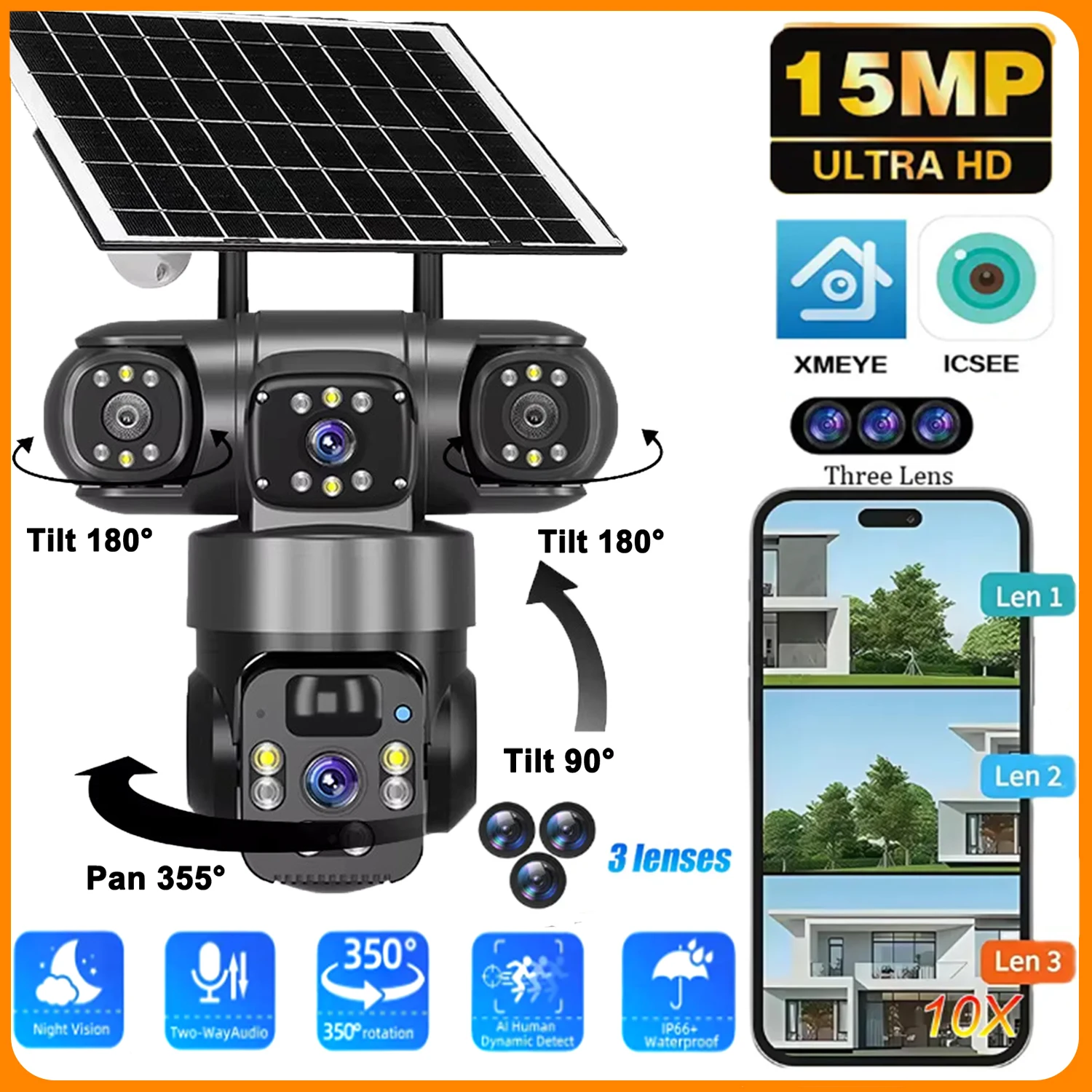 

15MP Solar Surveillance Camera Wireless Outdoor 3 Lens Solar IP Camera PIR Color Night Vision Auto Tracking Battery CCTV Camera