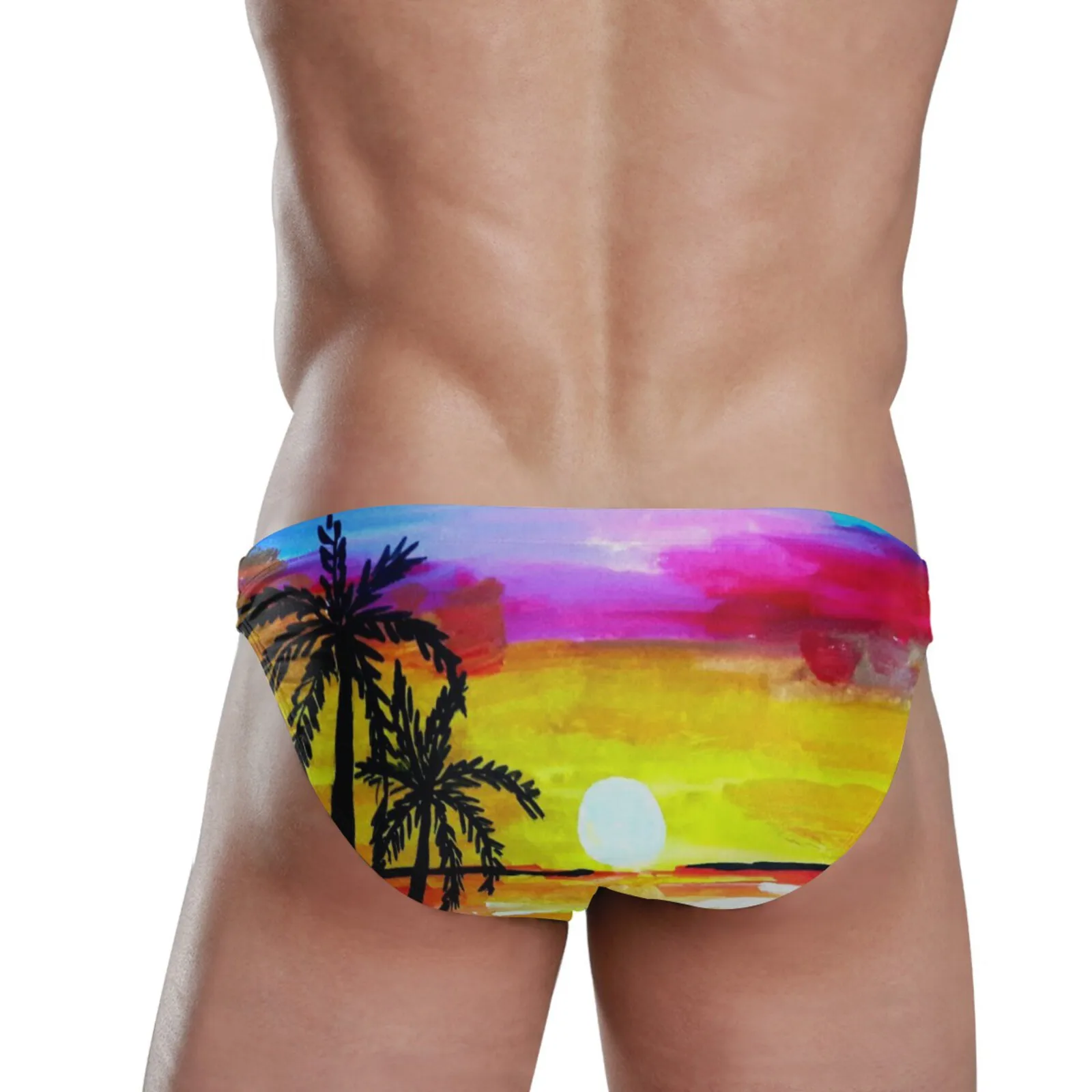 New Men Sexy Summer Swimsuit Briefs Low Waist Bathing Suit Bulge Beach Wear Palm Tree Sunset Print Short Sport Homme Swim Bikini