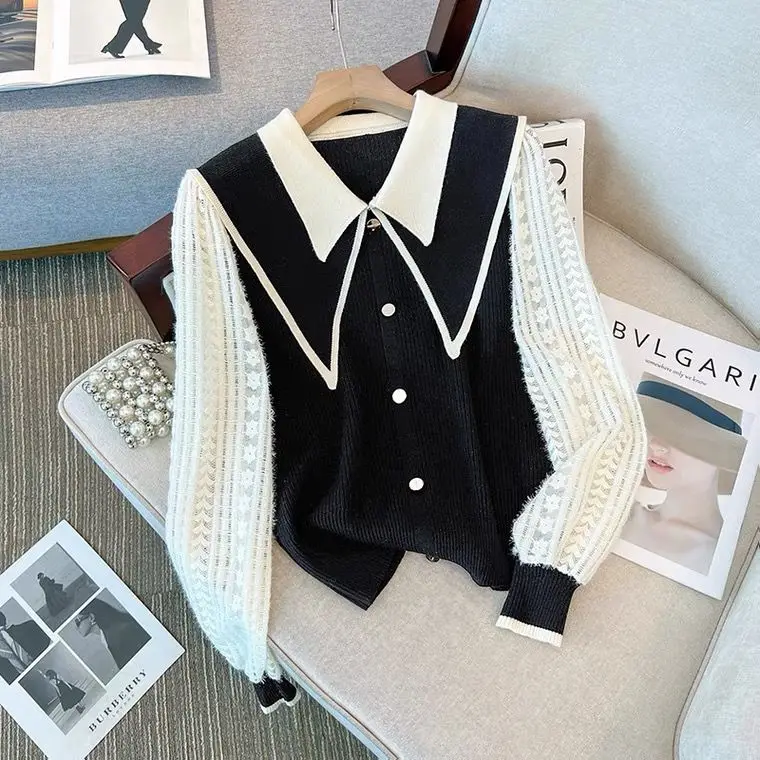 

High-End Color Blo Knitwear Doll Collar Women's irt Autumn Winter Youthful Splice College Sle Long Sve Ne