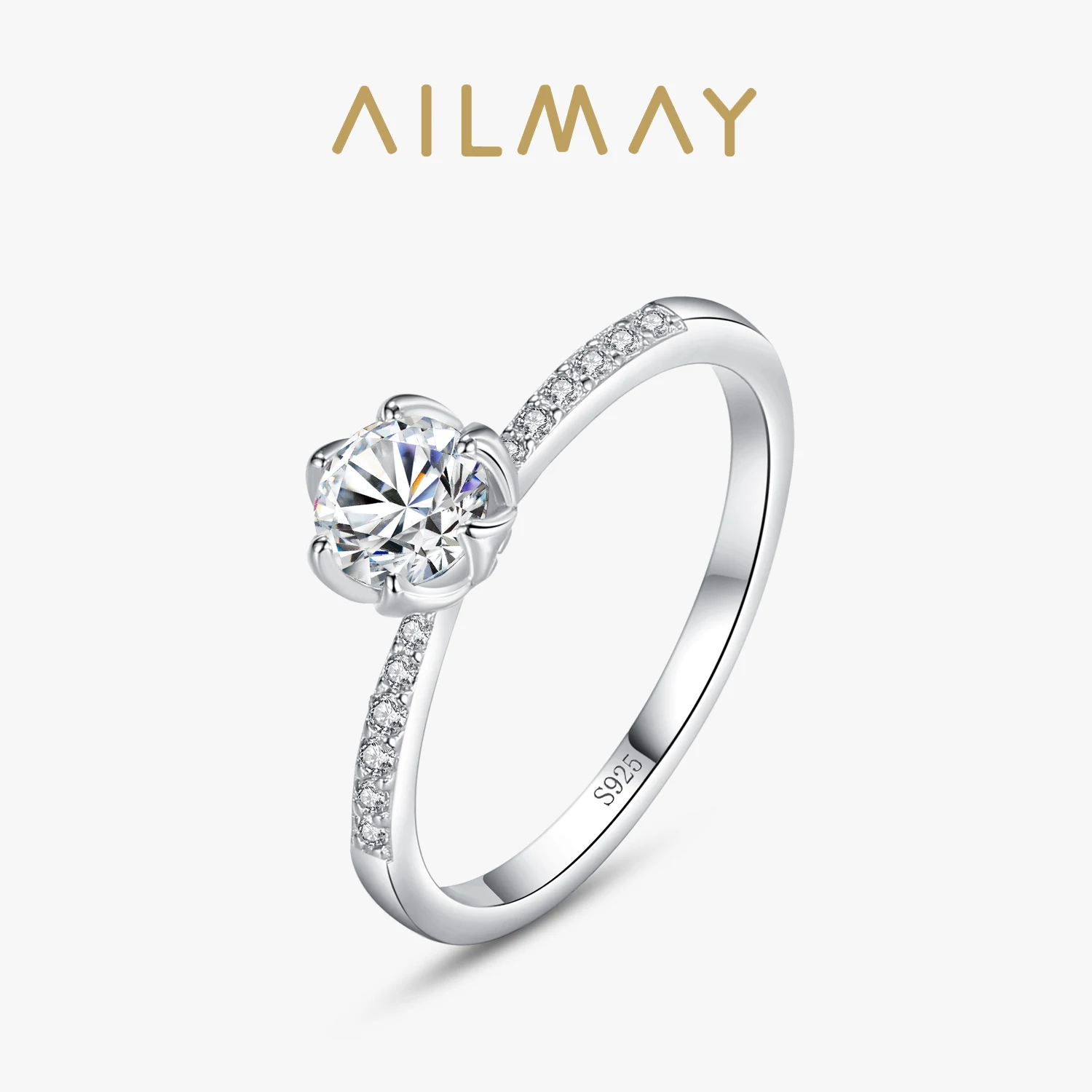 Ailmay Sparkling Round CZ Rings 925 Sterling Silver Classic Clear Zircon Finger Ring For Women Fine Jewelry Valentine's Day GIFT