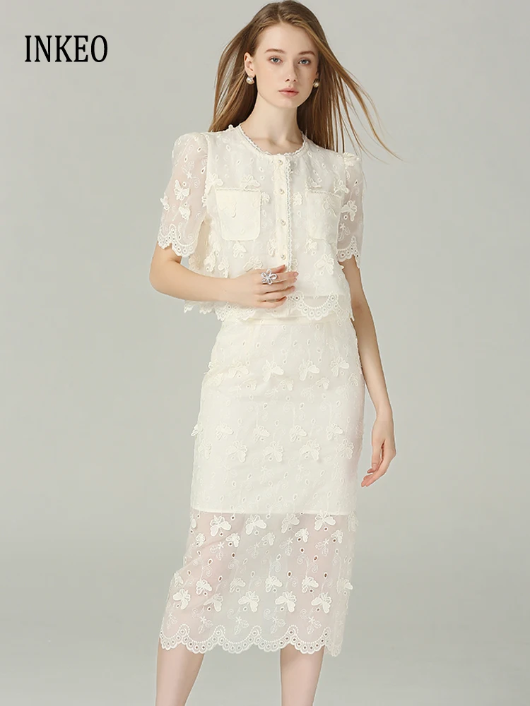 

Luxury White lace blouse tops and skirt Women's 2025 Summer Sexy embroidery hollow out Female shirt 2 piece set suit INKEO 5T085