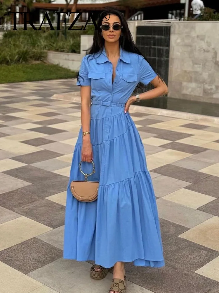 TRAFZA 2024 Summer Fashion Women Blue Solid Folds With Belt Long Dresses Woman Short Sleeves Casual Loose Vestidos Beach Holiday