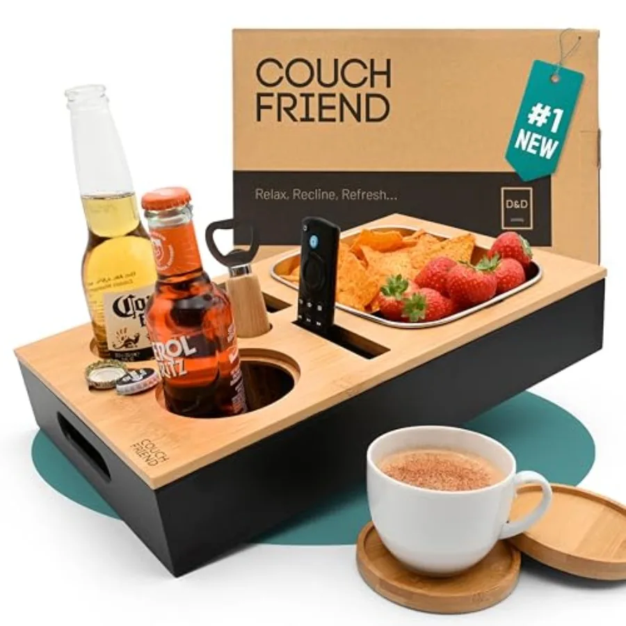 ® Couch Caddy - Couch Console Anti-Spill Drink and Cup Holder Snack Organizer Tray for Sofa Bottle Opener