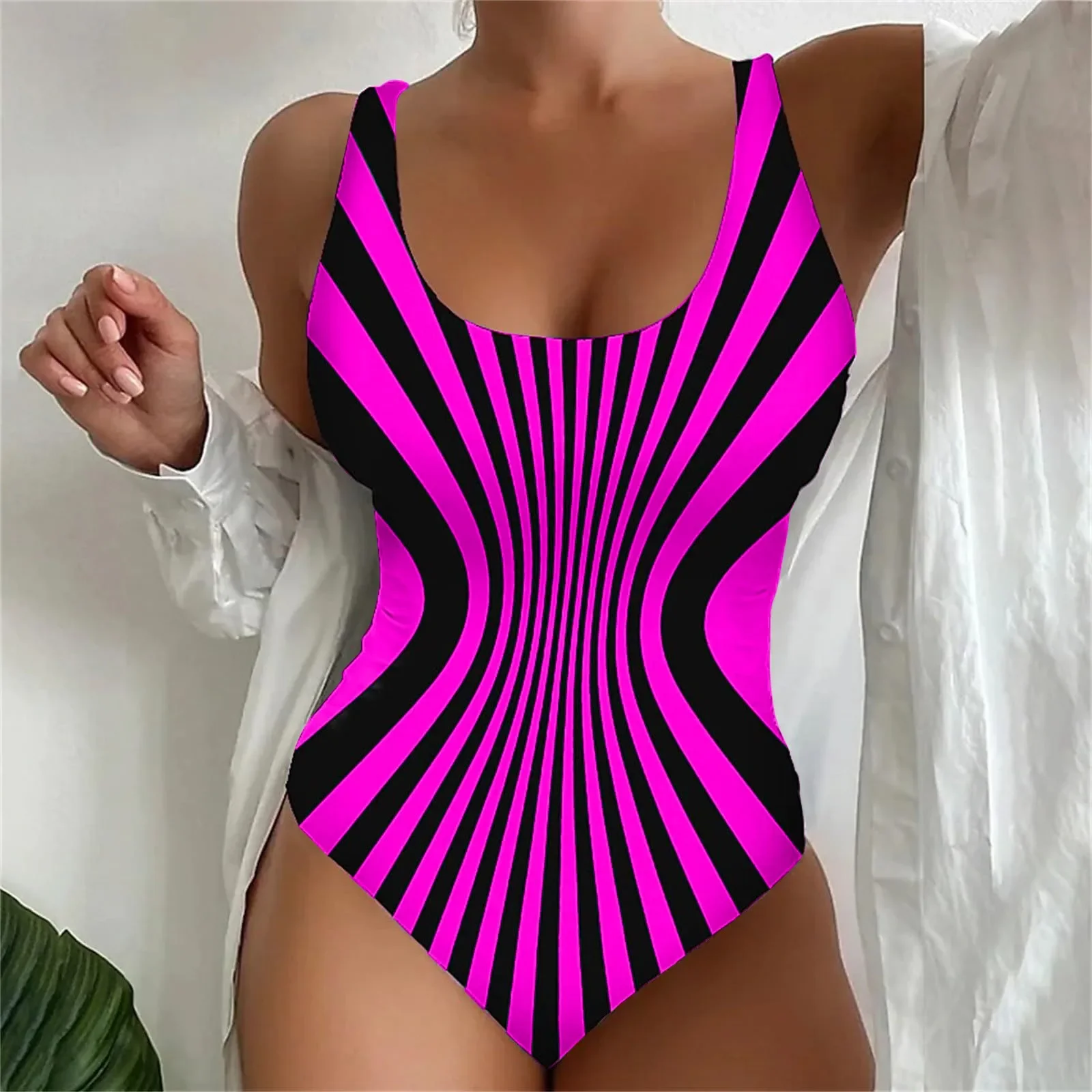 

Swimwear For Women 2024 Plus Size Women Large Size Swimwear Figure Shaping U Neck Striped Print Bikini Women Swimwear 2024