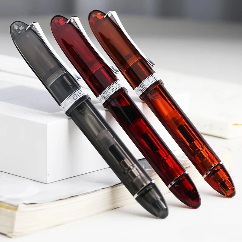 Majohn V60 Transparent Red Triangular Piston Fountain Pen Resin Writing Ink Pen School Office Business Stationery Supplies Gift