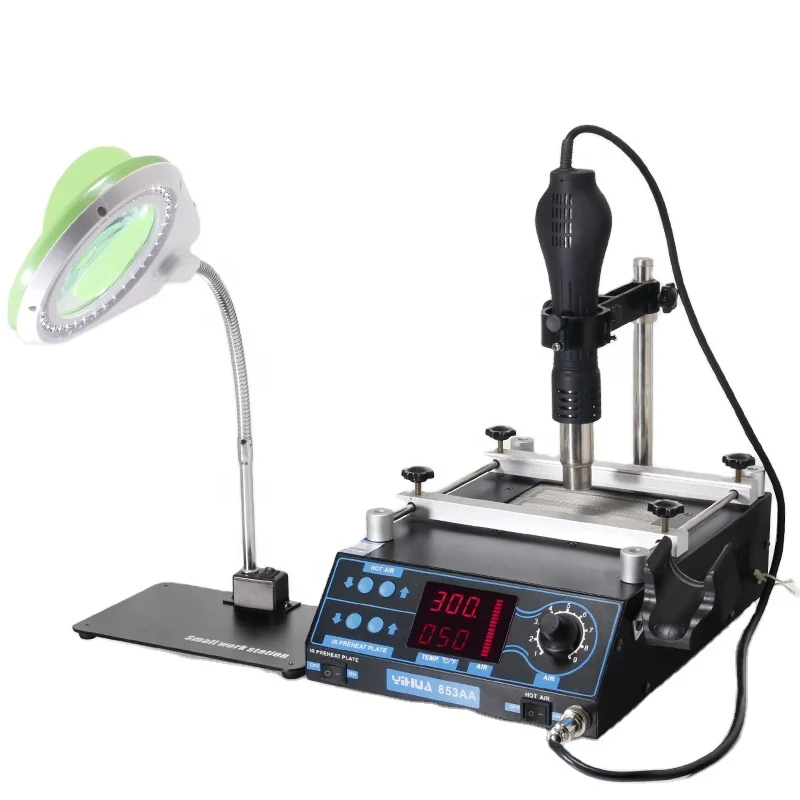 YIHUA 853AA With LED Magnifier Lamp Bracket Plate Preheat Hot air SMD Soldering Rework Station