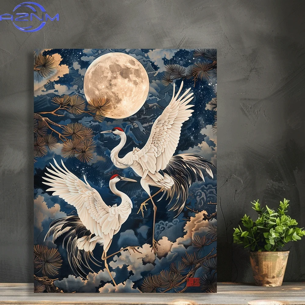 White Cranes Moonlight Dance Poster and Print Two Red-crowned Cranes Canvas Painting Wall Art Picture for Living Room Home Decor