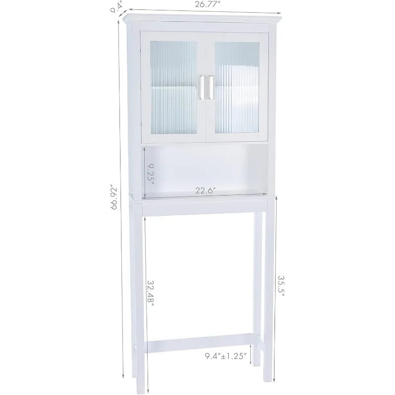 Over The Toilet Cabinet for Bathroom Storage, Above Toilet Storage Cabinet with Moru Tempered Glass Doors, White