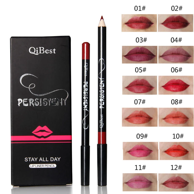 12 colores/juego de lápiz labial fácil antiadherente resistente al agua con poste de madera negro