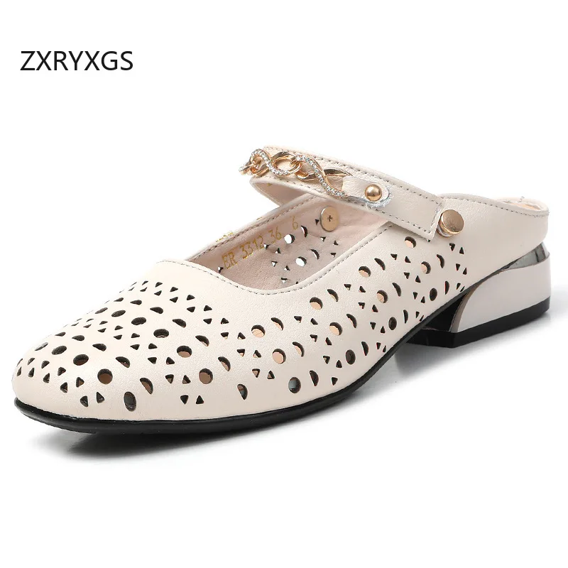 

ZXRYXGS 2026 Premium Cowhide Hollow Breathable Genuine Leathers Slippers Sandals Fashion Elegant Low Heel Shoes Women's Slipper