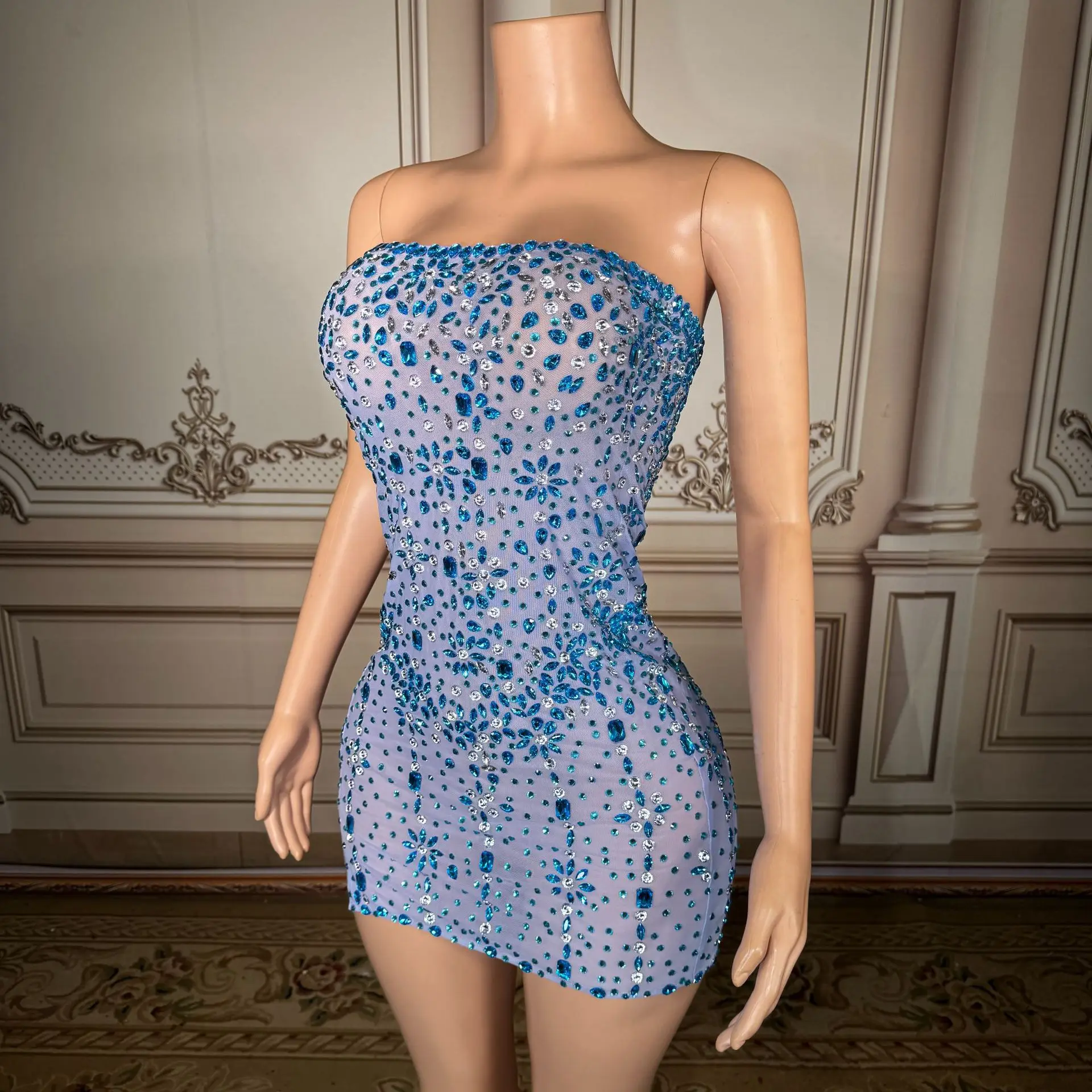 

Сексуальное короткое платье без бретелек с сетчатыми вставками Blue Ice Point для дня рождения, танцев, ночных клубов, баров, вечерних мероприятий и выступлений.