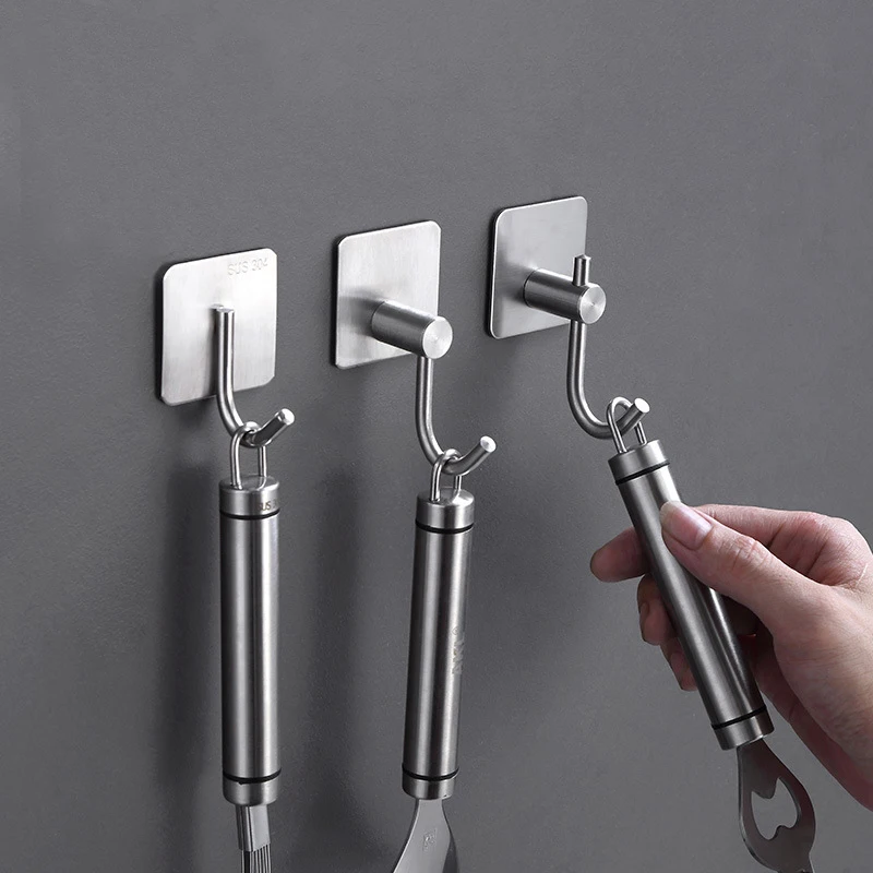 304 Stainless Steel Self Adhesive Hooks Shower Bath Accessories Kitchen Hanger Bathroom Hook Household Wall Hanging Organizer