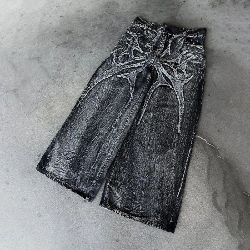 Men Y2K Gothic Spider Baggy Jeans Distressed Washed Raw Edge Wide Leg Denim Pants Hip Hop Streetwear Ghost Loose Trousers