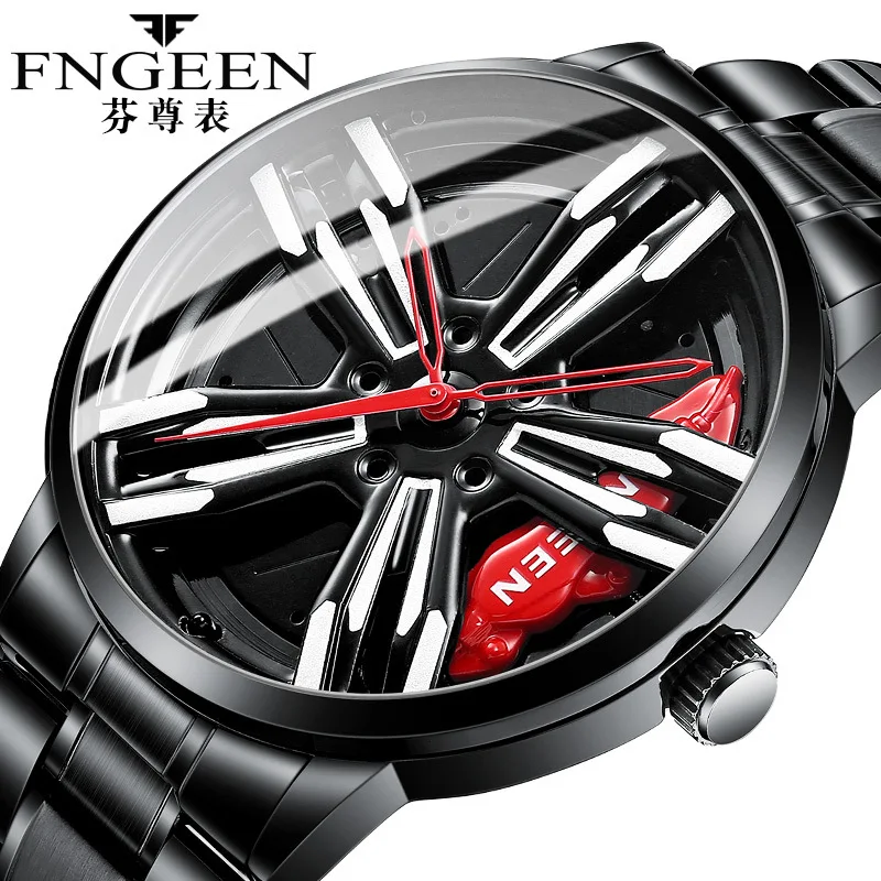 

FNGEEN New Racing Watches Men Custom Design Super Car Rim Watch Stainless Steel Black Retro Waterproof Watch Relogio Masculino