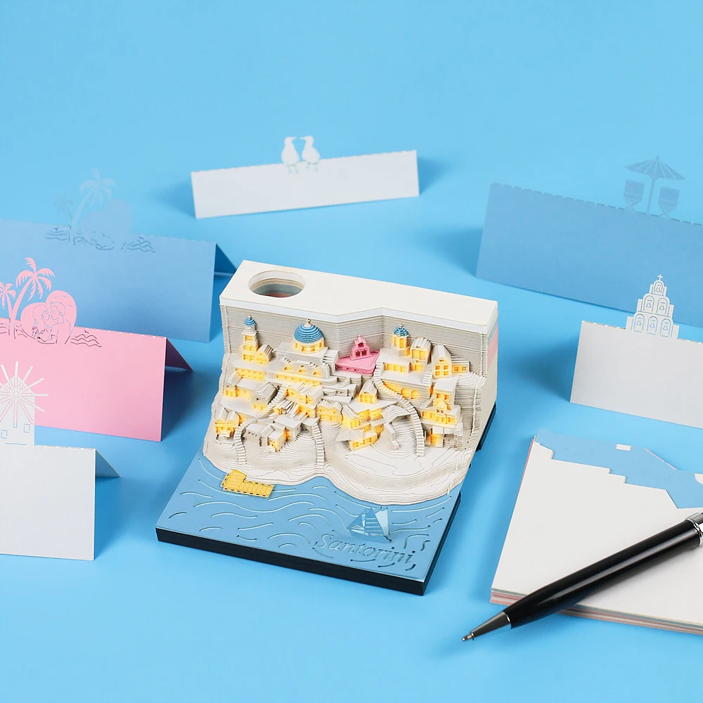 Omoshiroi Block Notes 3D Notepad Mini Santorini Led Memo Pad High Quality Amazing 3D Paper Model Sticky Note 3D Art Friends Gift