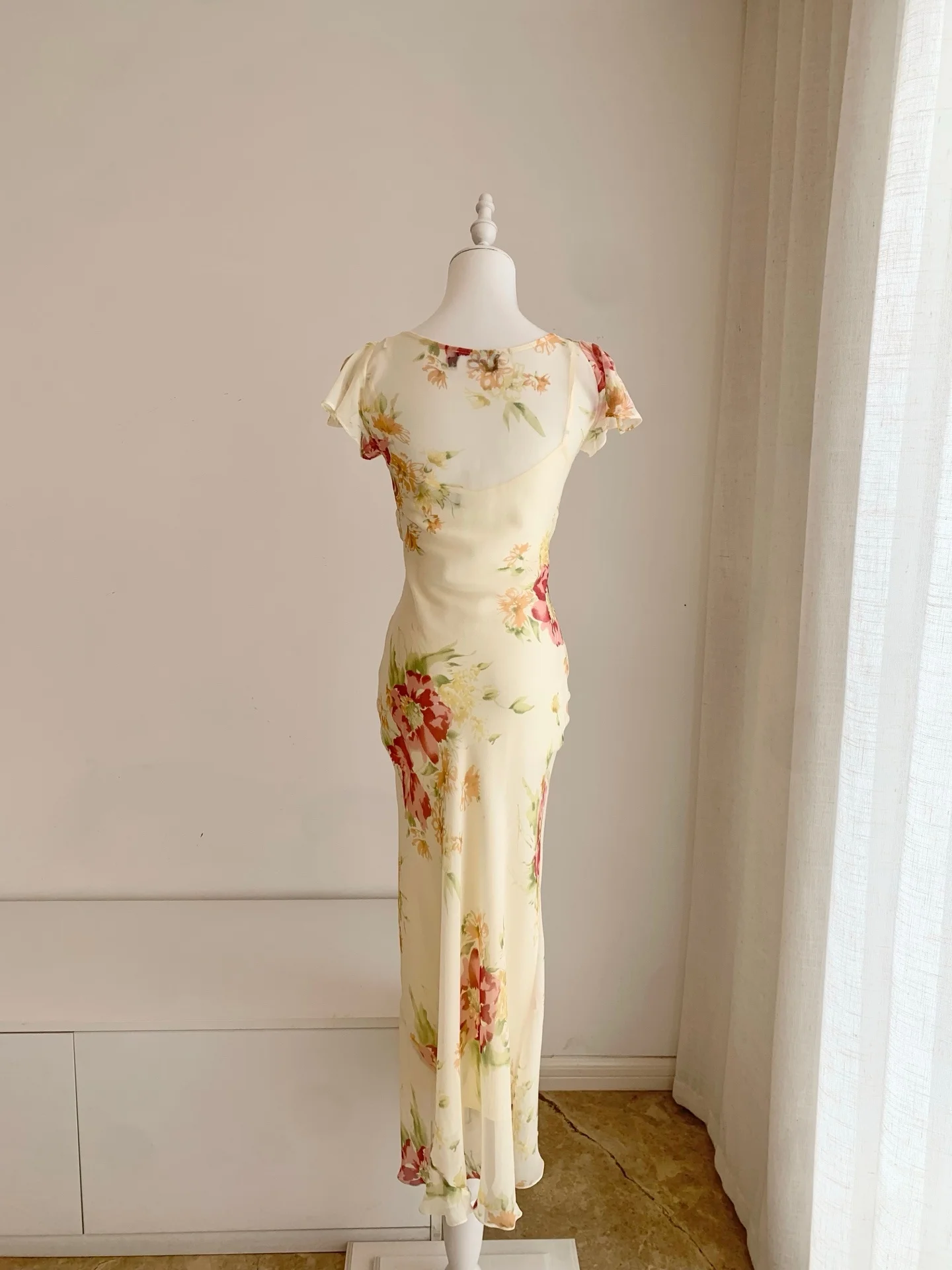 Female 100% Silk Long Dress Floral Printed Short Sleeve V-Neck High Waist Casual Ladies Robe view 5