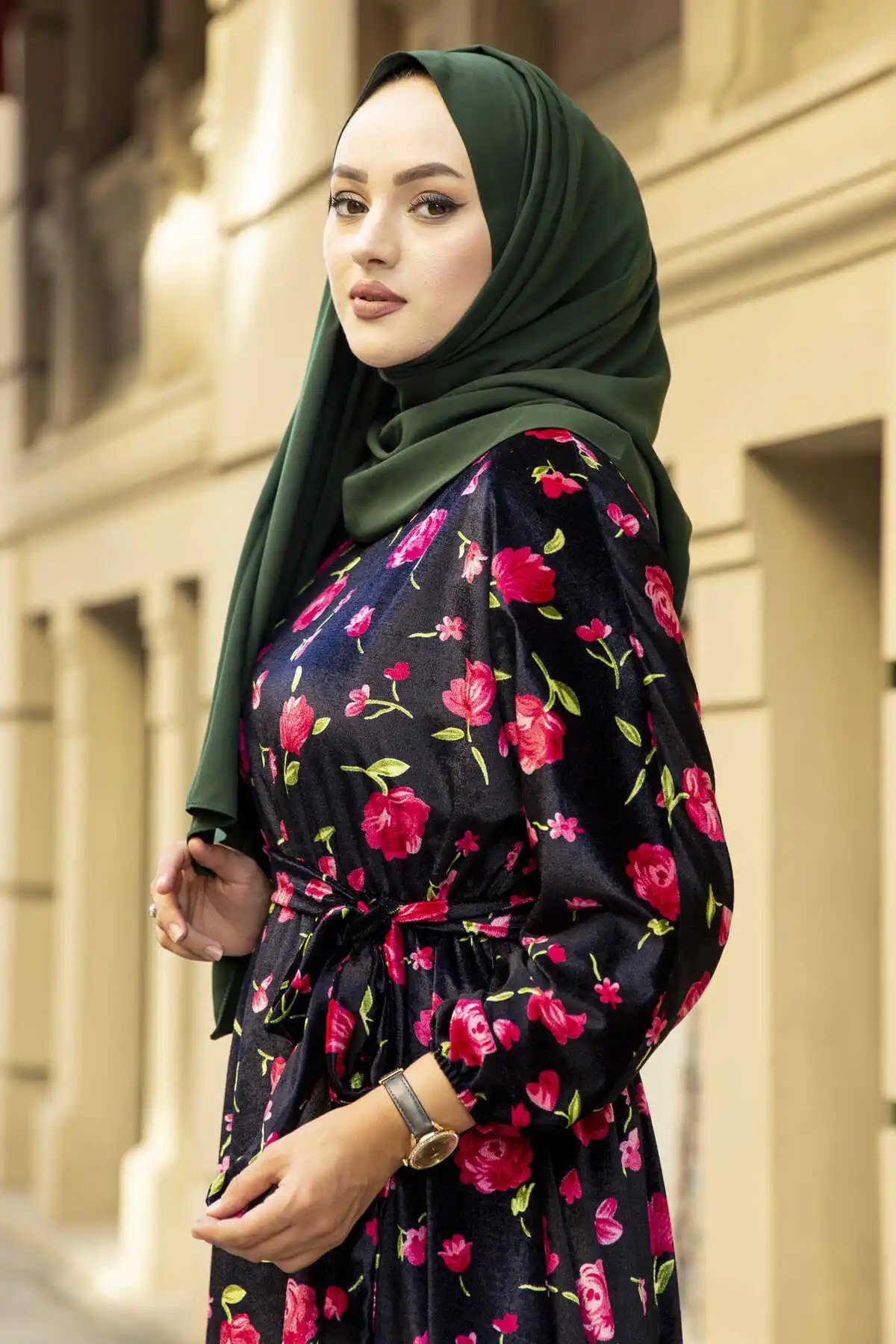 Floral veludo bat manga vestido padrão inverno outono 2021 muçulmano mulheres hijab lenço islâmico turquia