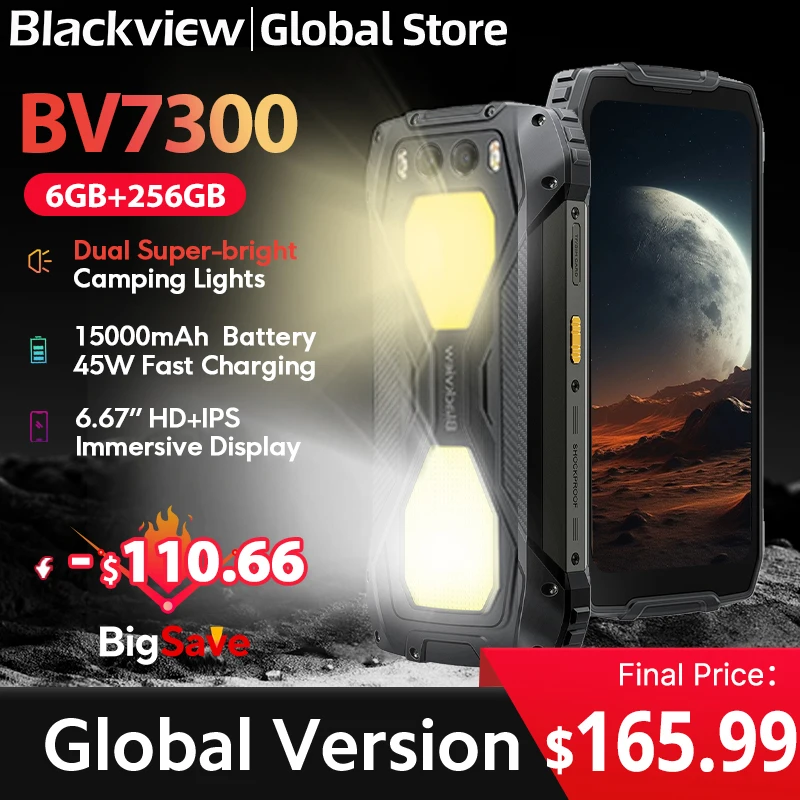 Blackview BV7300 Robuuste telefoon 6,67 '' HD+ IPS 90 Hz Display Dubbele campinglamp NFC 15000 mAh 45 W Snel opladen Android 14 mobiele telefoon