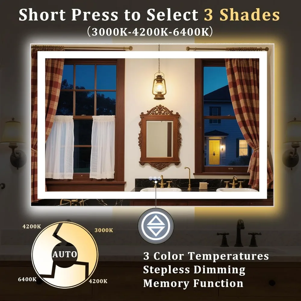 Espejo de baño con iluminación LED regulable, 55x30, antivaho, retroiluminado y iluminado frontal, 3 opciones de color, con función de memoria