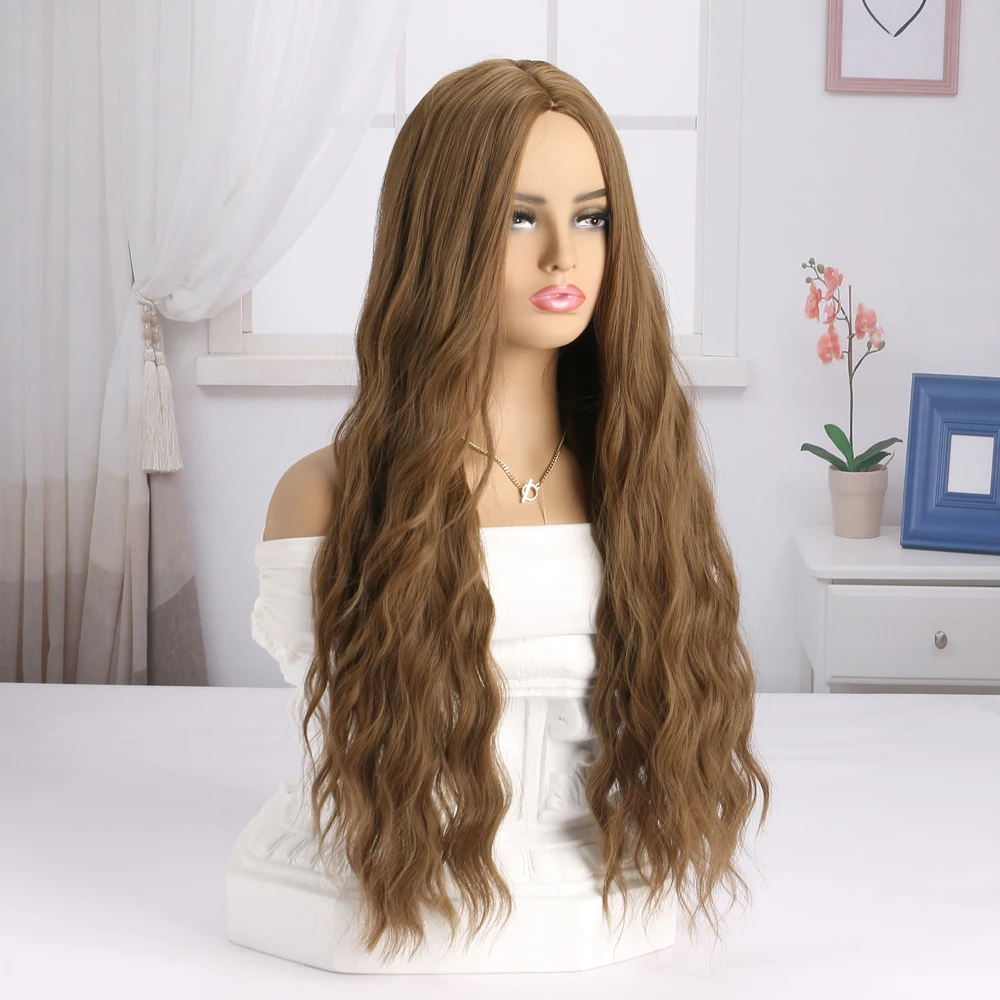 30 بوصة بني فاتح شعر مستعار طويل الاصطناعية للنساء شعر مستعار مموج طبيعي مع الانفجارات شعر مستعار ألياف مقاومة للحرارة لجميع القديسين اليومي #3