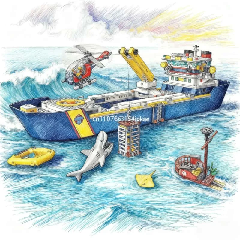

745Pcs Urban Ocean Series Research Ship MOC Working Crane Building Blocks Children's Birthday Christmas Gift