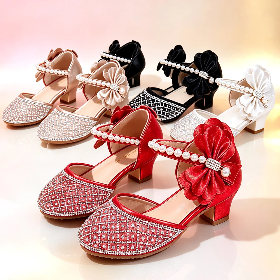 Shiny Rhinestone Beaded Luxury Girls High Heels Sandals Formal Children's Wedding Pageant Birthday Party Recital Communion Shoes