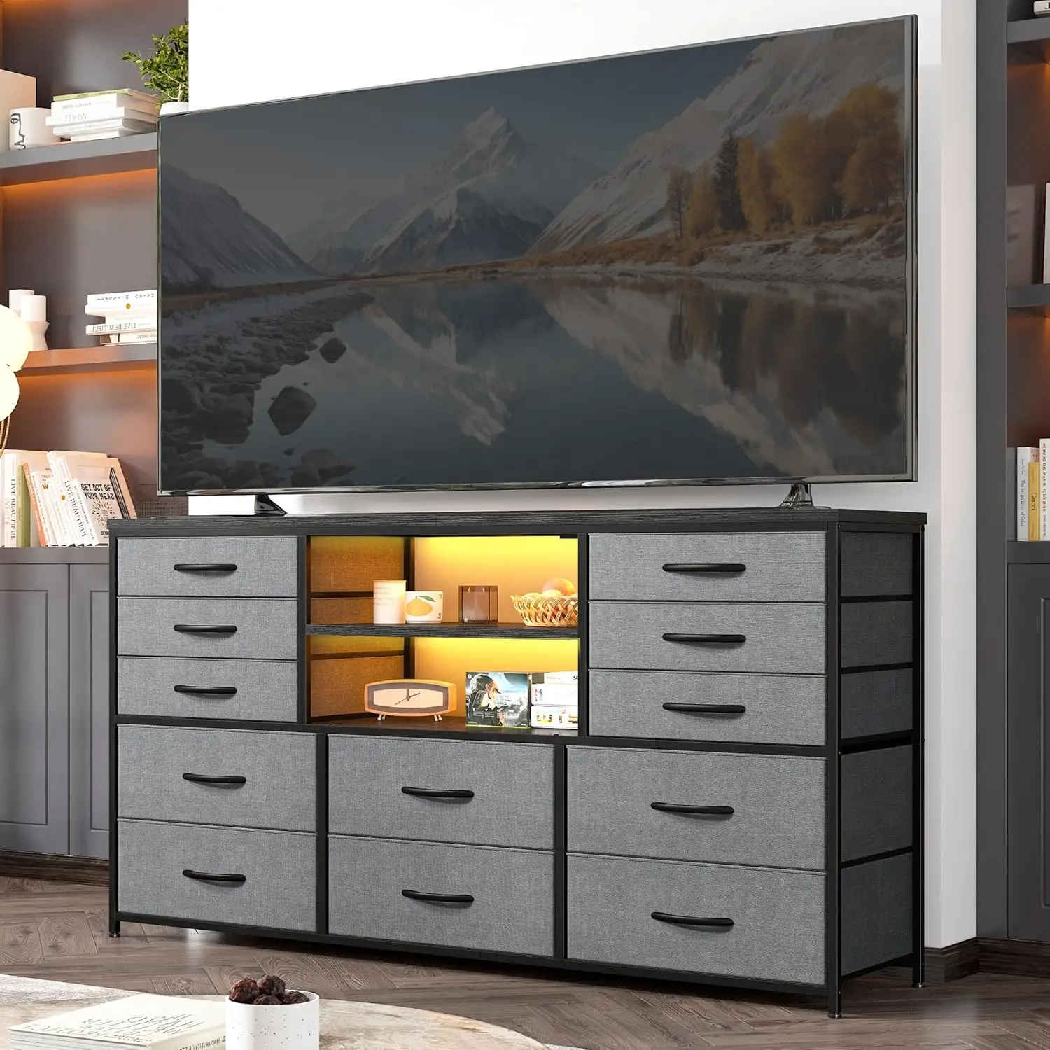 12 Drawers TV Stands for Living Room Long Dresser for 60" TV Bedroom Dressers,49.2''W*11.8''D*35.4''H,Grey