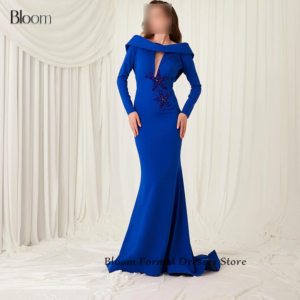 

Bloom Long Sleeves Mermaid V Neck Zipper Back Appliques Beaded Sweep Train Floor Length pleats Jersey Party Dresses Woman 2024