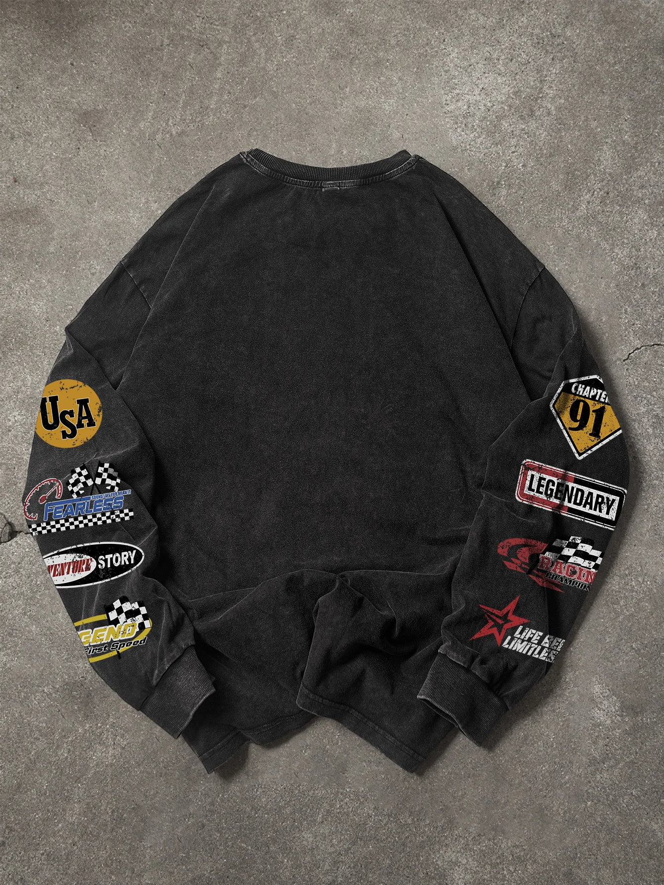 Men's & Women's Vintage Washed Long Sleeve T‑Shirt Racing Badge Letter Print Crew Neck Y2K Hip Hop Streetwear Oversized TopS‑2XL