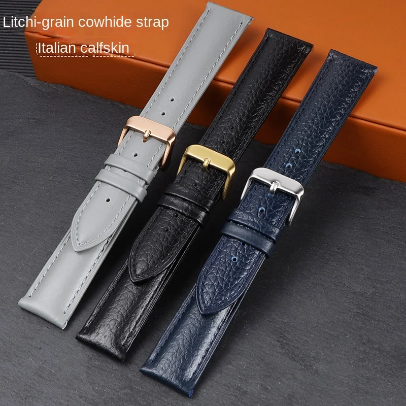 

High quality Lychee Pattern Genuine Leather Watchband 18mm19mm 20mm21mm22mm orange red Watch Strap Bracelet for Men/Women