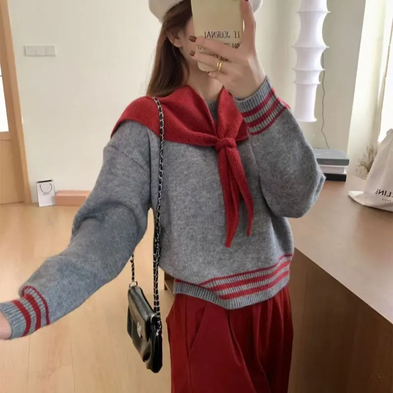 

Preppy Style Korean Jumpers Knitted Autumn Winter Stylish Shawl Women's Clothing Loose Contrasting Colors Long Sleeve Sweaters