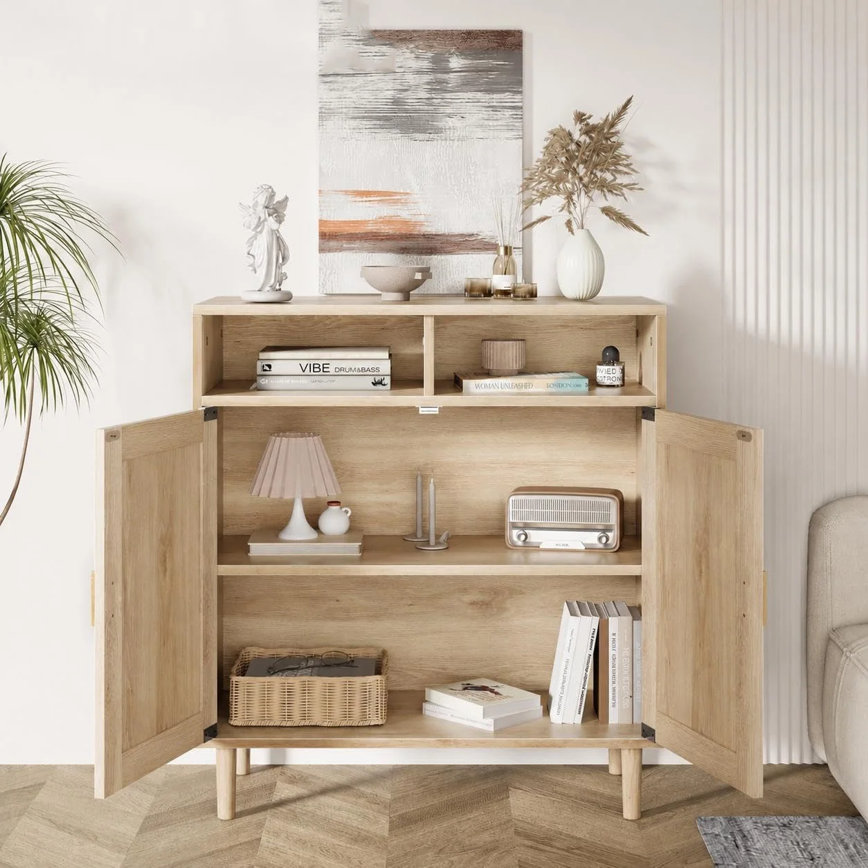 Rattan Look Sideboard Cabinet with 2 Doors Boho Storage Cabinet 32 Inch Wide with Interior Compartment and Large Top MDF PB Buffet Cabinet for Living Room Dining Room Entryway