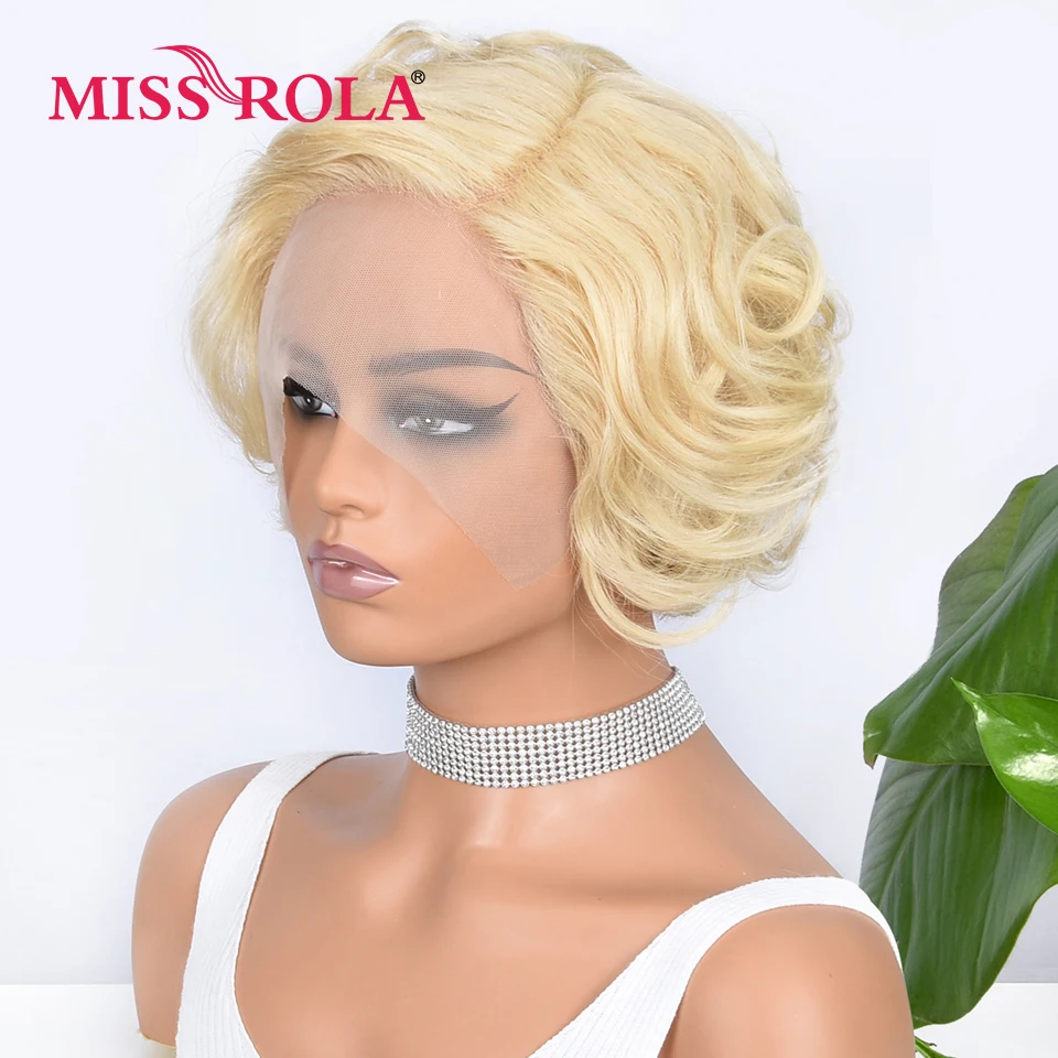 

Miss Rola Romance Weave Short Wigs Lace Part Human Hair Wigs Remy Side Part Hair Curly Wigs Pre Plucked 180% Density